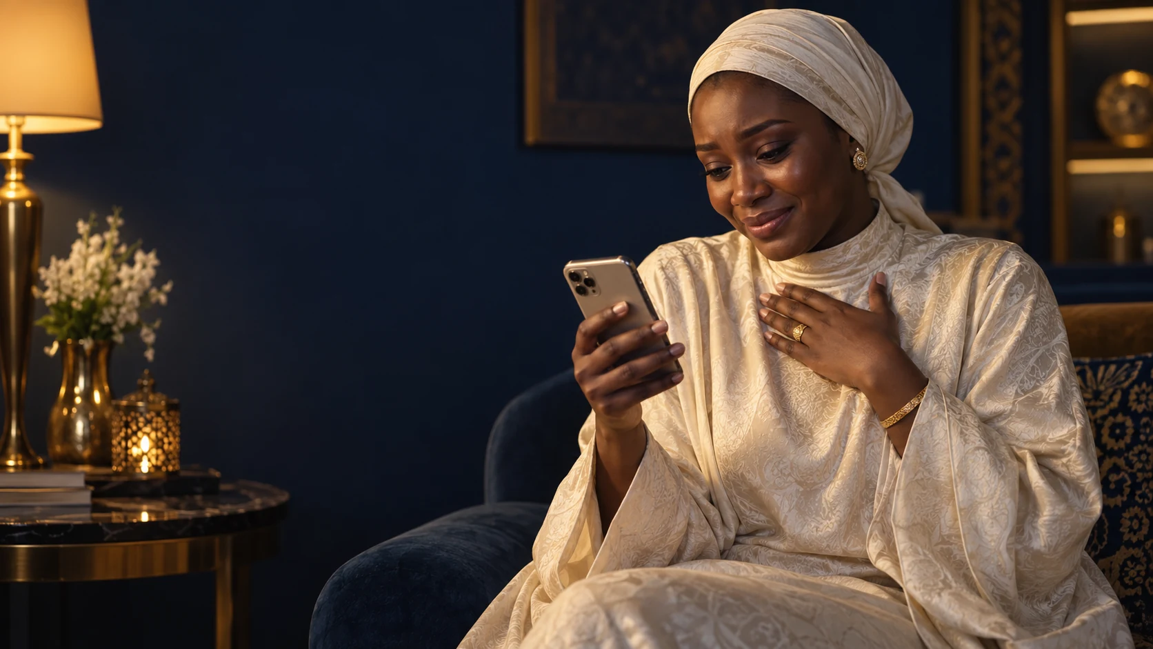 Femme souriante et émue regardant un message audio sur son téléphone