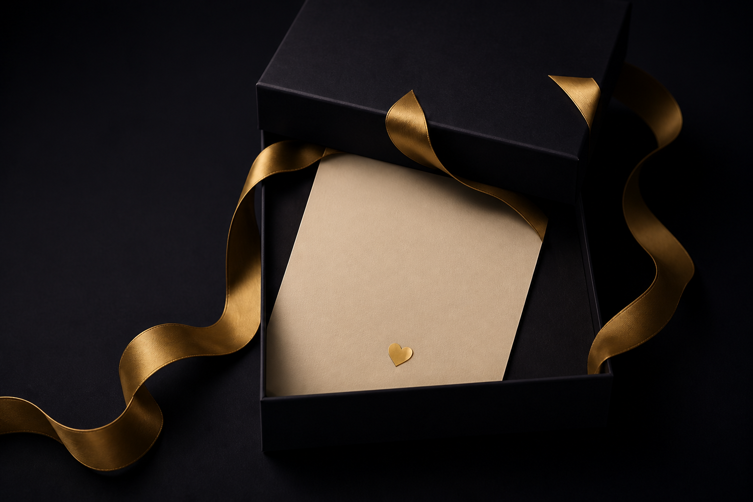 Écrin noir ouvert, ruban de satin champagne et carte crème ornée d’un cœur doré